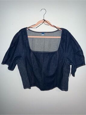 Old Navy Dark Blue Denim Square-Neck Smocked Side Crop Top